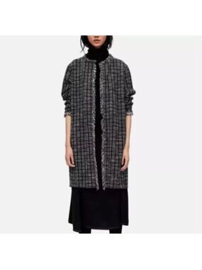 Zara Basic Black/White Tweed Long Open Front Long Cardigan/Duster Size M Pocket